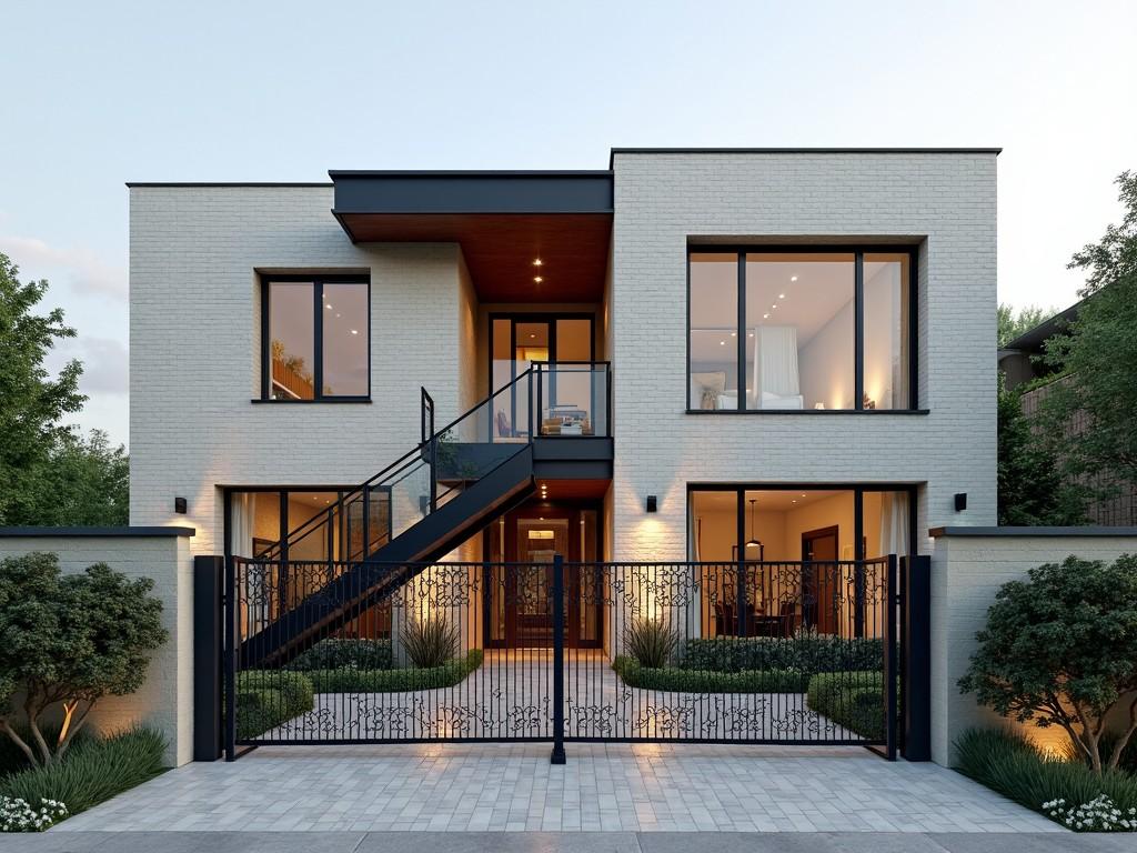 This image shows a two-story house with a modern, rectangular design. The exterior is finished in a light-colored brick or stone, with large glass windows on both floors. A metal staircase is visible on one side, leading to the upper level. There is a large, ornate metal gate at the entrance, with a decorative pattern. The surrounding area includes a tiled walkway and some greenery, suggesting a residential setting.