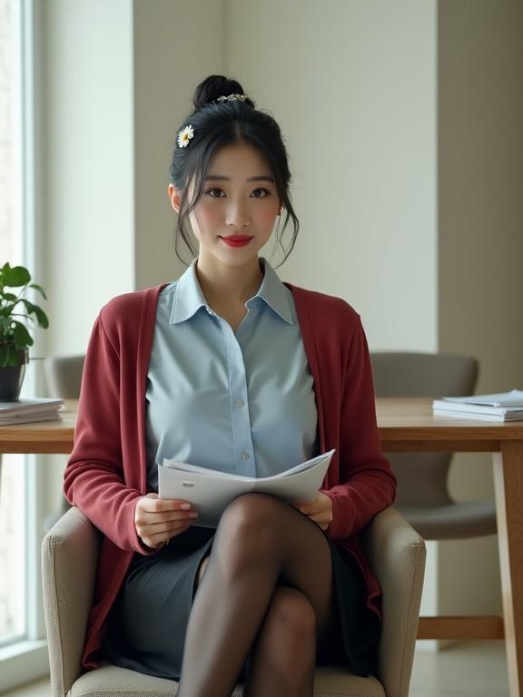 Full-body image features East Asian female agent sitting at her desk and reading intel files. She is dressed in light-blue blouse with black knee-length skirt and cherry-red cardigan. Black pantyhose and black closed-toe heels complete her outfit. Hair is neatly bunned with white flower hair clip. The ambiance is modern with off-white walls.