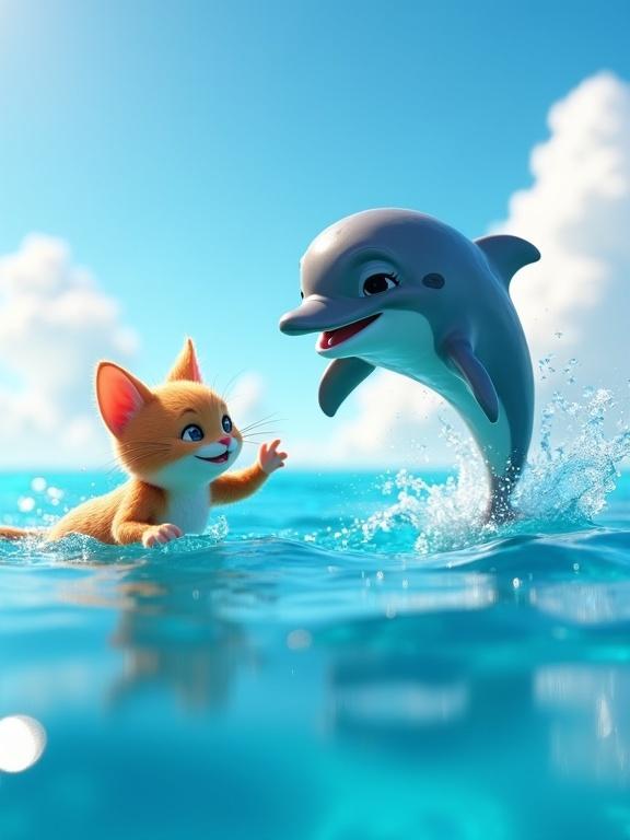 A detailed 3D render of a dolphin jumping out of the ocean. An orange tabby cat is swimming awkwardly. The scene has fluffy clouds and a bright blue sky. Warm sunlight illuminates the water.