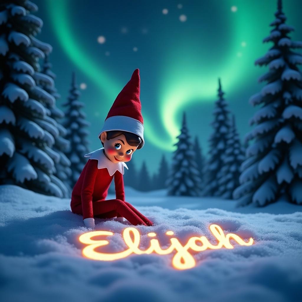 An animated elf sits in the snow wearing a red outfit. The elf writes the name 'Elijah' in the snow. The name appears in illuminated cursive style. Northern lights create a vibrant night sky. Pine trees are covered in snow, adding charm and holiday spirit.