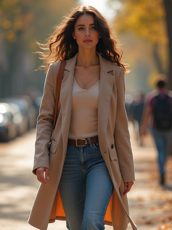 Beautiful woman walking in urban area during autumn. She wears a beige coat and blue jeans. The scene is filled with warm sunlight and colorful autumn leaves.