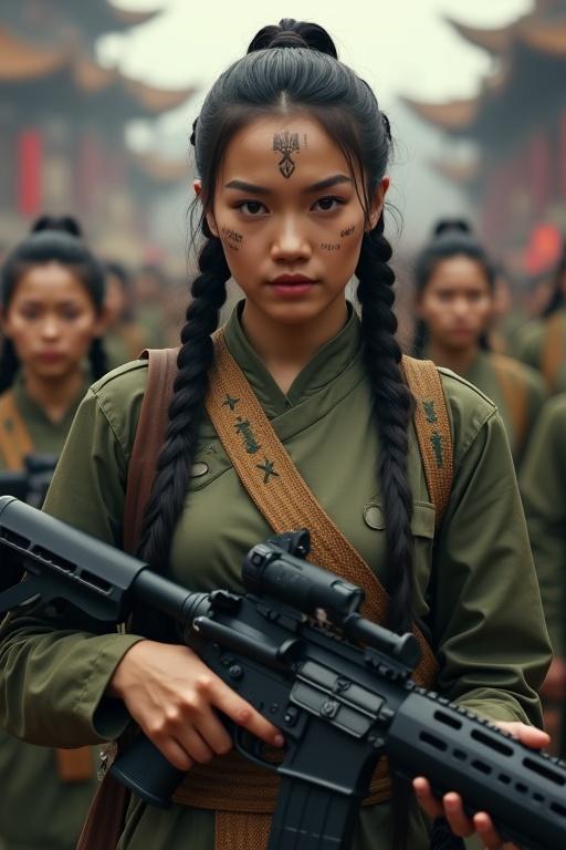 An attractive woman inspired by Mulan. Long hair is pulled back in pigtails. Tribal Polynesian tattoos are visible on her body and face. Dressed in a military uniform. Carrying an assault rifle. Forming up in a Chinese castle with other similarly dressed women.