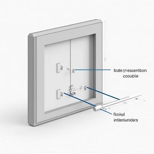 A design graphic depicting a square frame with four vertical louvers. The frame is 10 cm x 10 cm with a 0.5 cm wide border. Louvers are 1 mm thick and move on a horizontal rotation shaft. Includes a sliding bar actuator with knobs for manual control.
