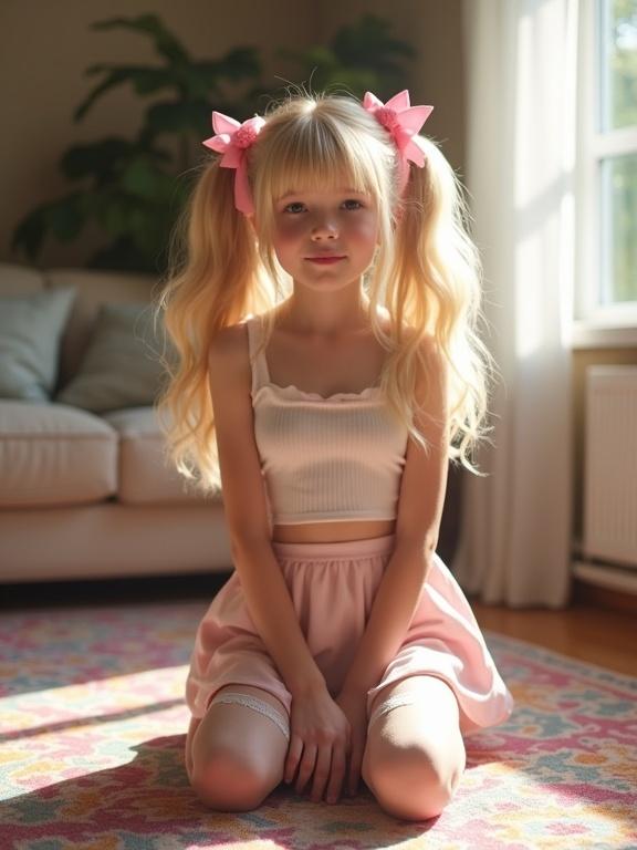 A teen with long blonde twin tails kneels on a colorful rug in a soft-lit living room. Wearing a crop top and pink skirt, with thigh-high socks and black shoes.