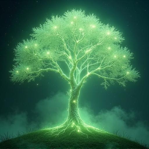 A majestic glowing tree. The tree has soft green light. Branches stretch wide and shimmer with pale green and silver leaves. The tree looks translucent like a spirit. It shines brightly, casting a calming glow. Magical energy swirls around the trunk. The roots pulse with life beneath grassy ground. The scene is tranquil and dreamlike. Environment is a twilight forest clearing or astral plane. Evokes purity, ancient wisdom, divine energy. Highly detailed artwork with radiant lighting and a otherworldly atmosphere.
