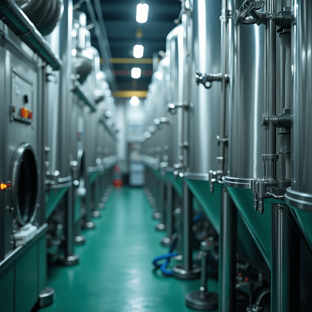 A modern brewery with a row of shiny stainless steel fermentation tanks.