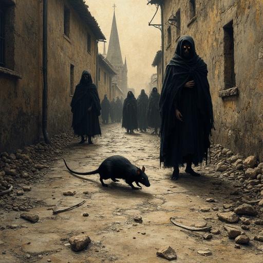 Illustration depicts the Black Death sweeping through a medieval village. Perspective from a rat scurrying beneath plague carts. Distorted style reminiscent of Francis Bacon. Ink mixed with ash on torn parchment creates a chaotic atmosphere. Feverish brushstrokes emphasize warped anatomy. The rat’s eyes reflect torchlight and the agony of dying villagers. Shadows bleed into one another as hope decays.