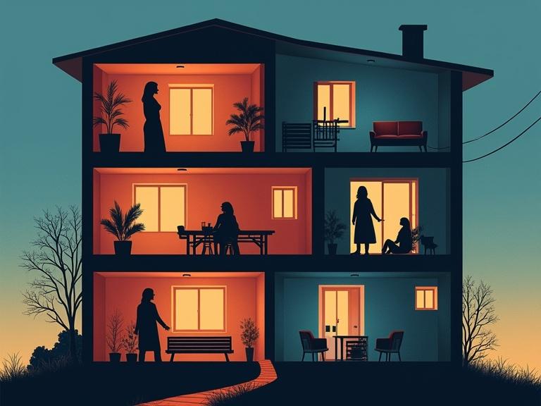 Stylized cross-section of a townhouse with four floors. Each floor features a female protagonist in an intimate moment. Incorporate warm lighting and soft gradients. Include a sleek cat moving between floors. Modern, elegant artistic style with muted jewel tones. Title '10 Atemzüge' in minimal serif typography.