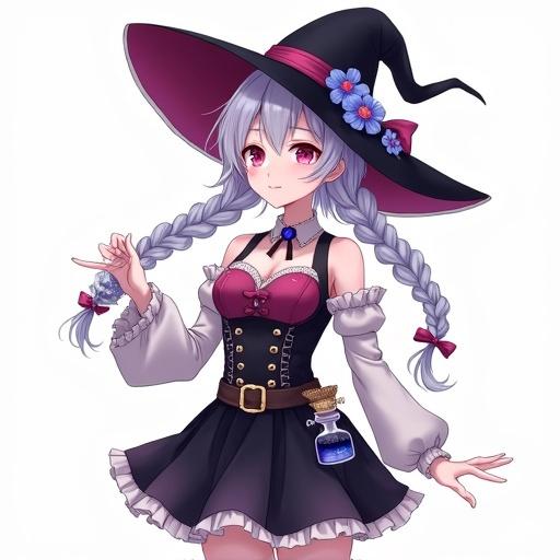 Anime-style witch with silver-white twin braids and ruby-red eyes. Elegant wide-brimmed witch hat in plum and black with blue flowers and magenta ribbon. High-quality magenta and black bodice with gold trim. Billowing white off-shoulder sleeves. Short layered black skirt with magenta edging. Holding blue potion vial. Dual-colored potion on belt. Clean linework, soft shading, pastel highlights. Centered on white background.