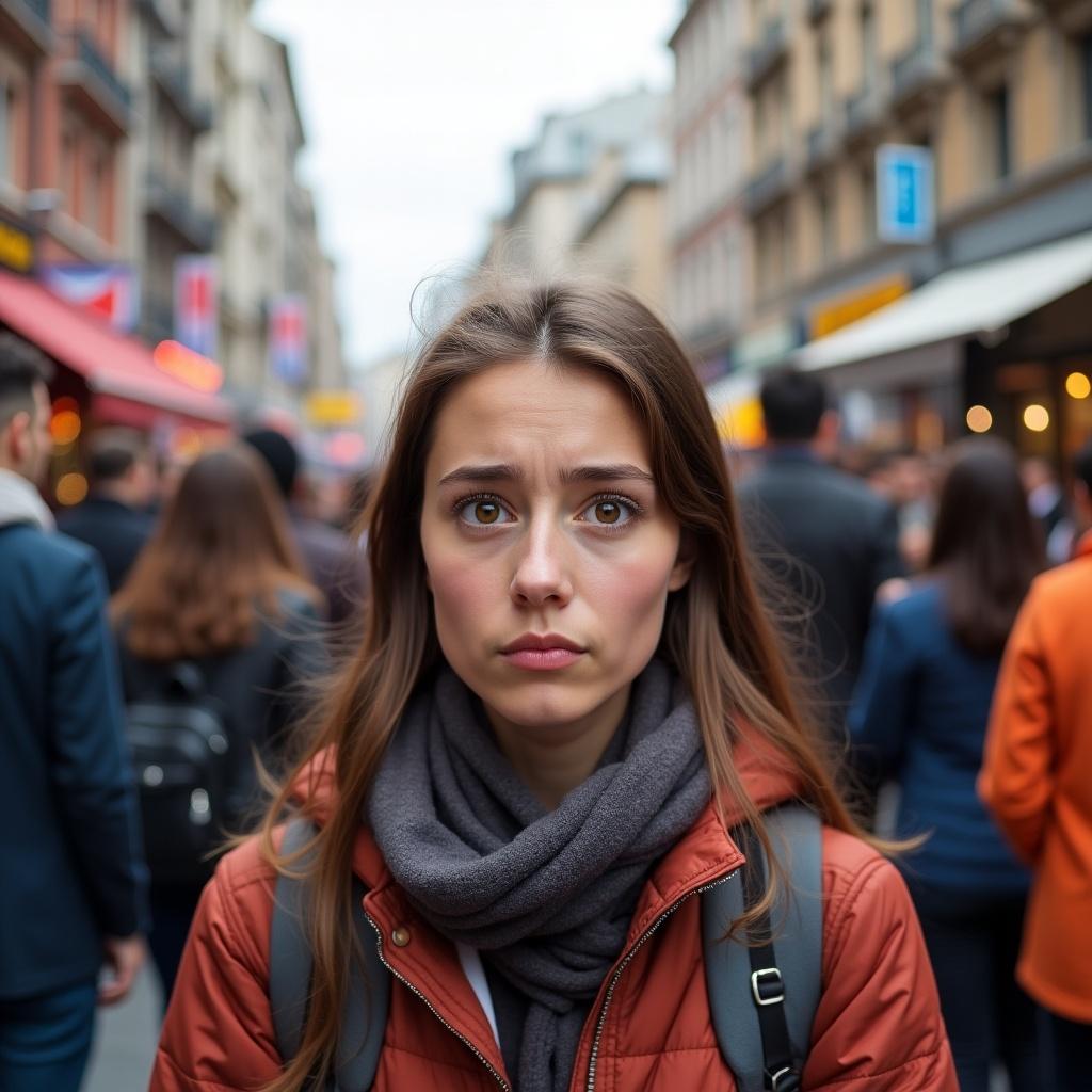 A person experiencing cultural shock in a busy urban environment. The individual wears an orange jacket and a scarf while blending into a crowd of people. Background filled with city activity.