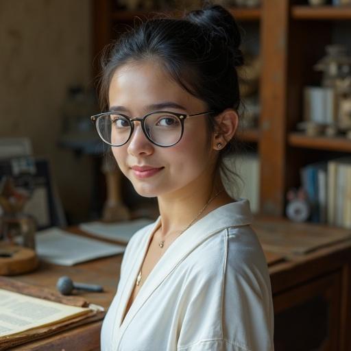 Photorealistic image of a young adult named Lyra with a scholarly air. Dark hair tied back in a bun. Large blue eyes. Wearing a thin white translucent cotton robe. Displaying a pierced bellybutton. Simple wire-rimmed glasses. Composed and observant demeanor. Carries a worn leather-bound digital reader and physical scrolls. Standing by a desk in a grungy spaceship filled with artifacts. Slightly turned to look at the camera with a shy smile.