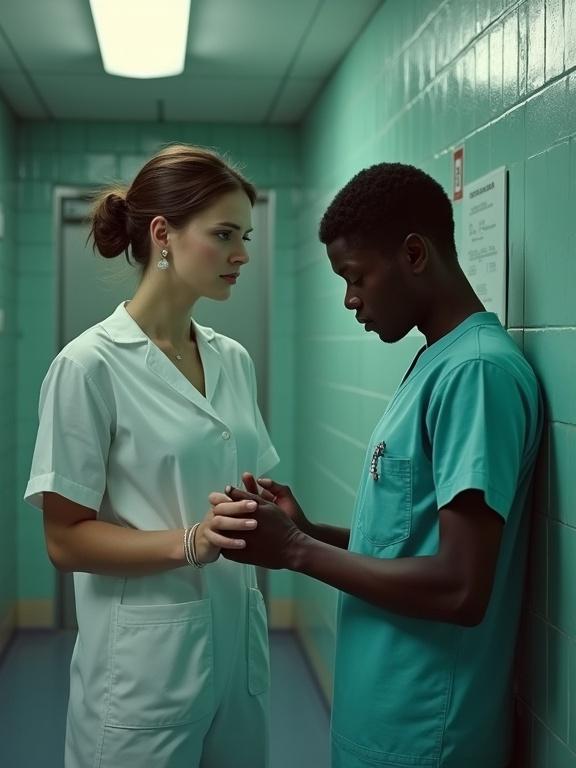 Nurse and prisoner in hospital corridor. Nurse wearing white uniform. Prisoner wearing teal scrubs. They are holding hands. Emotional connection evident. Soft lighting and unique color palette.