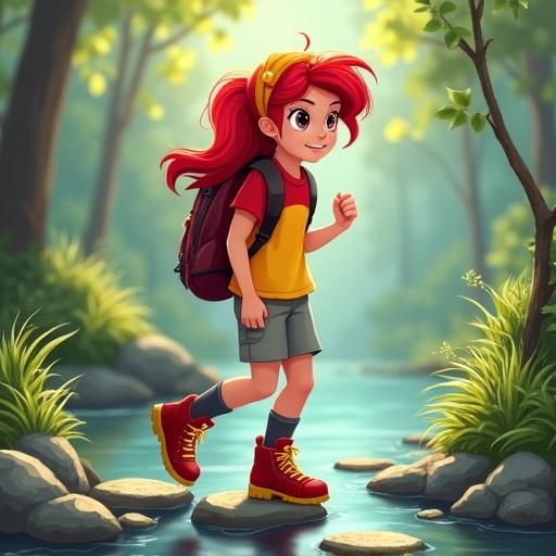 Animated girl with red and yellow hair crossing stepping stones in a forest. Wearing a backpack and hiking gear.