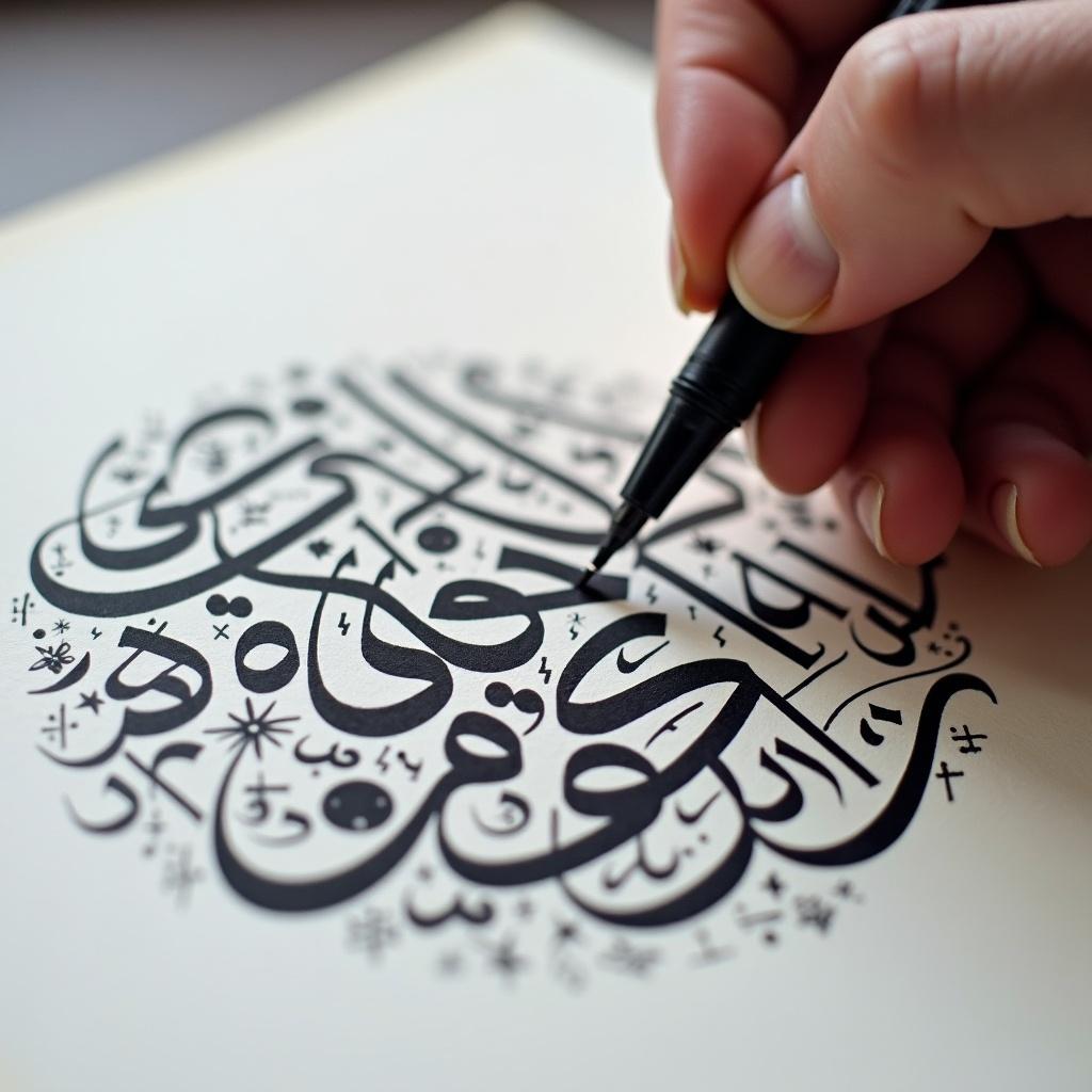 Close-up view of a hand with a pen creating intricate Arabic calligraphy. The ink is bold and black against a plain white paper background. The hand is focused, illustrating precision in crafting letters. Surrounding designs add artistic flair. Soft lighting enhances the elegant strokes and forms. The names are written in a circular arrangement.