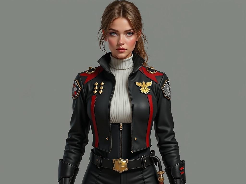 The image depicts a realistic character in a sci-fi military uniform designed for a 35-year-old woman. She has an athletic build, stands tall, and features sandy brown hair with darker eyebrows and blue-green eyes. Her uniform is primarily black and made from tough synthetic fabric with distinct red stripes that run along the shoulders and torso sides. The jacket is layered over a white knit shirt featuring a flat collar and is complemented by pants, ensuring the uniform is not a bodysuit. Patches on both shoulders represent her rank, with a gold shield symbolizing her affiliation on the left and a gray wolf emblem on the right. Her rank is indicated by four small gold diamonds on the left breast, while a comm-badge shaped like a gold shield with a white sword adorns the right. A functional belt with a second lower band carries a gold-hilted dagger in a black scabbard, enhancing the focus on a practical military appearance.