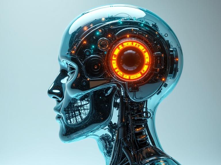 A hyper-realistic 3D render of a futuristic cyborg head in profile. Transparent glass skull reveals intricate mechanical components inside. Brain area contains advanced circuitry, processors, and glowing elements with orange and cyan LED lights. Prominent glowing orange ring dominates the mechanical brain structure. Face has organic features.