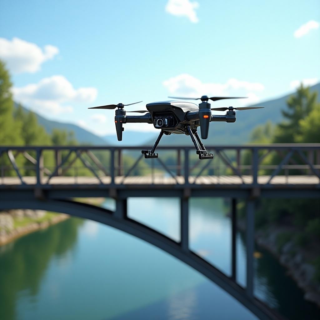 Drone flies over a river near a metal bridge. Drone is actively repairing the bridge structure.