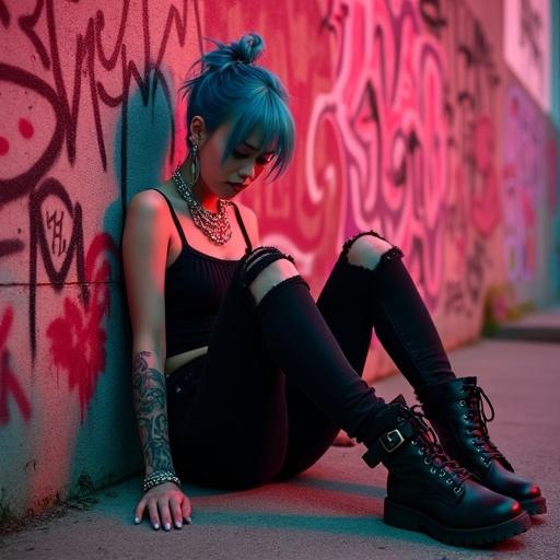 Punk goth girl sitting against graffiti wall. Blue hair in messy bun wearing black tank top and ripped jeans. High black boots with buckles. Relaxed body language. One leg extended forward and other bent at knee. Tattoos on arms and legs. Accessories with chains. Background has colorful graffiti. Soft warm lighting creates depth. Mood is atmospheric and urban.