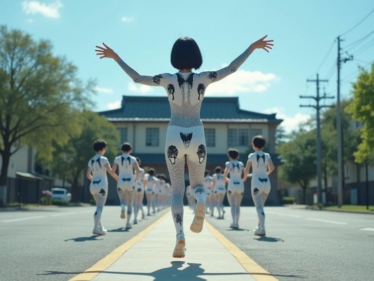 Group of Japanese female middle school pupils with short black hair in jumping jack pose. Intricate black and white body paint resembles a penguin. They wear transparent shoes. Background features a traditional Japanese school building. Line of students walks down the footpath, all wearing matching transparent shoes and body paint. Daylight highlights sweat and sharp shadows. Midsummer blue sky visible.