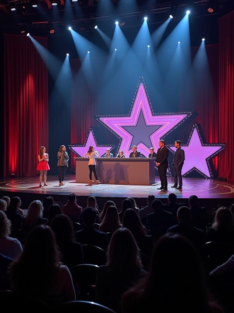 Performance on a talent show stage. Audience members watching. Judging panel seated at the front. Bright lights and star-shaped backdrop dominate the scene.