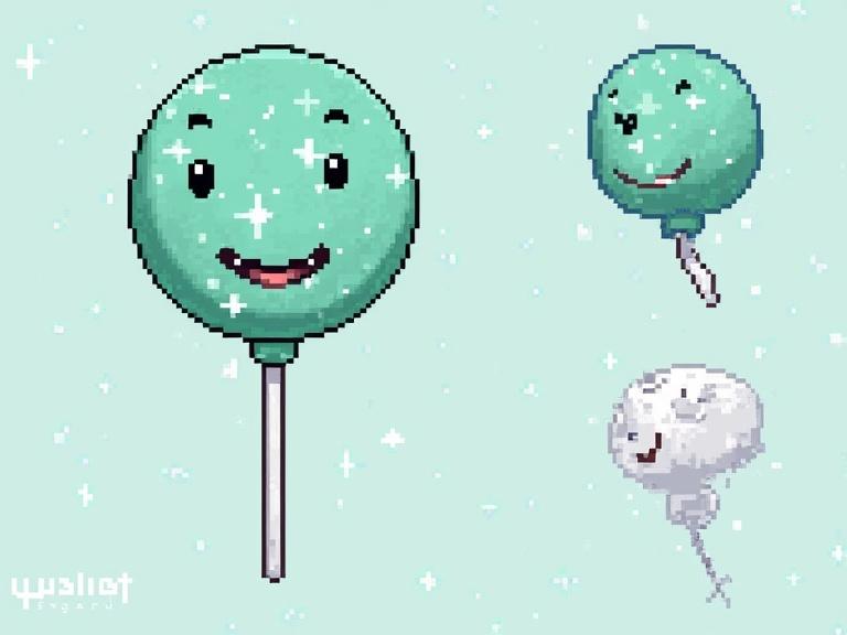 A charming lollipop with a planetary look presents a cheerful expression and sparkly effects. Pixel art style.
