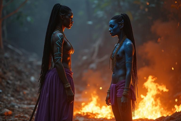Two Na'vi females stand facing each other near a fire. Flames illuminate their bodies with warm light. Both have unique markings and adornments. One has glowing blue skin and bioluminescent stripes. The atmosphere is tense yet respectful. The forest surroundings enhance the scene.