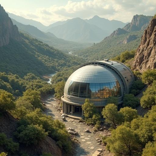 Futuristic dome residence in a mountainous landscape. Surrounded by lush greenery and a river. Advanced architectural design features. Emphasizing exclusivity and luxury.