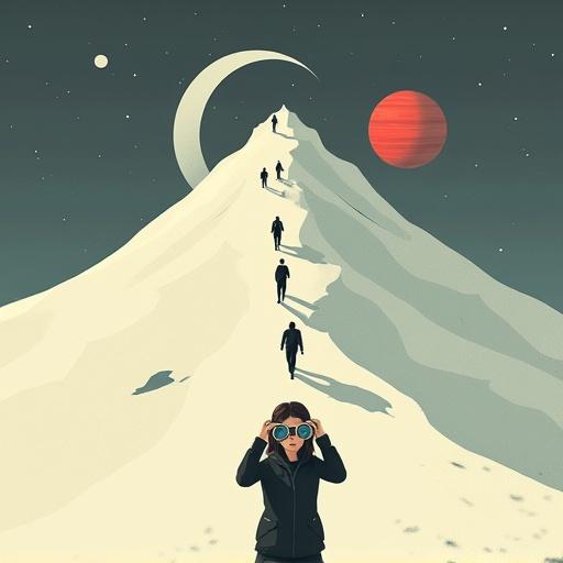 Surreal minimalist artwork features figures climbing a snowy mountain. A young woman in the foreground stands with binoculars. Binocular lenses reflect a dog’s face. A large crescent moon and a red planet are in the sky. The composition uses a monochromatic color palette with flat lighting.