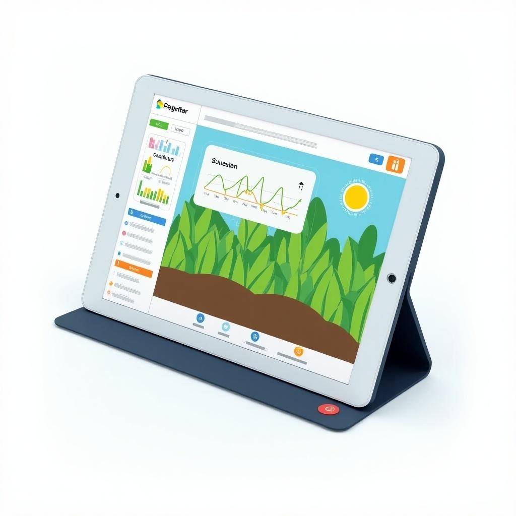 This image features a tablet device that showcases an agricultural software interface. The screen displays various graphs and data related to crop monitoring, set against a backdrop of green plants. The tablet is positioned on a sleek black stand, contrasting with the clean white background. Bright colors, such as blue for the sky and yellow for the sun, highlight the digital representation of an agricultural landscape. This image embodies modern agricultural practices and the integration of technology in farming.