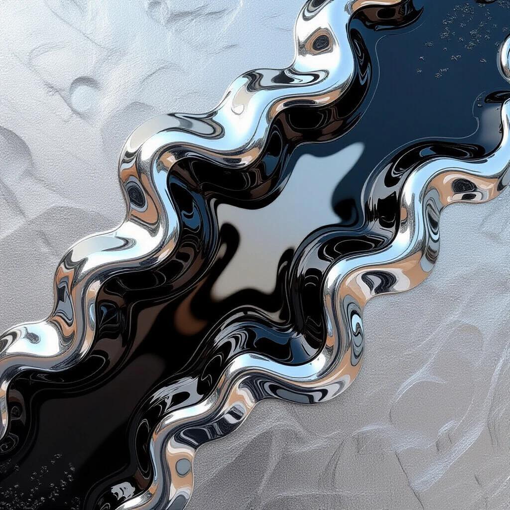 Metallic liquid forms with holographic texture. Sculptural features with supermassive brushstrokes. Combination of liquid chrome and black. Aggressive liquid metal design reflecting elven landscape.