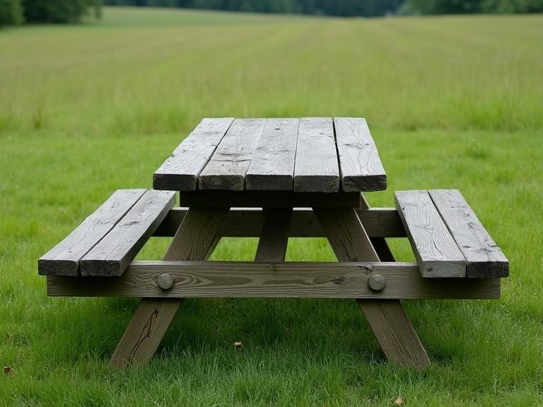 Photograph features a wooden picnic table and bench set in a grassy field under an overcast sky. Table has rectangular top with two attached benches, made of weathered wood. Grayish-brown color evident, showing slight wear. Simple design enhances the rustic feel. No people or other objects present. Background reveals a large open field with uneven grass. Picnic table is centered in the frame, showcasing visible wood grain and sturdy X-shaped legs. Outdoor setting captures a natural, unaltered environment.