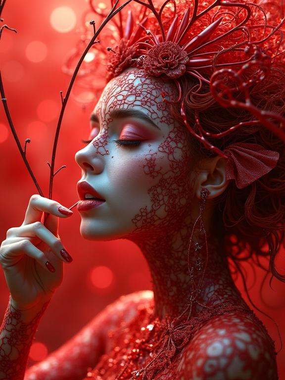 Hyperdetailed model in red tones. Elaborate zentangle patterns on skin. 3D Droste effect visible. Close-up of profile featuring intricate hair design.