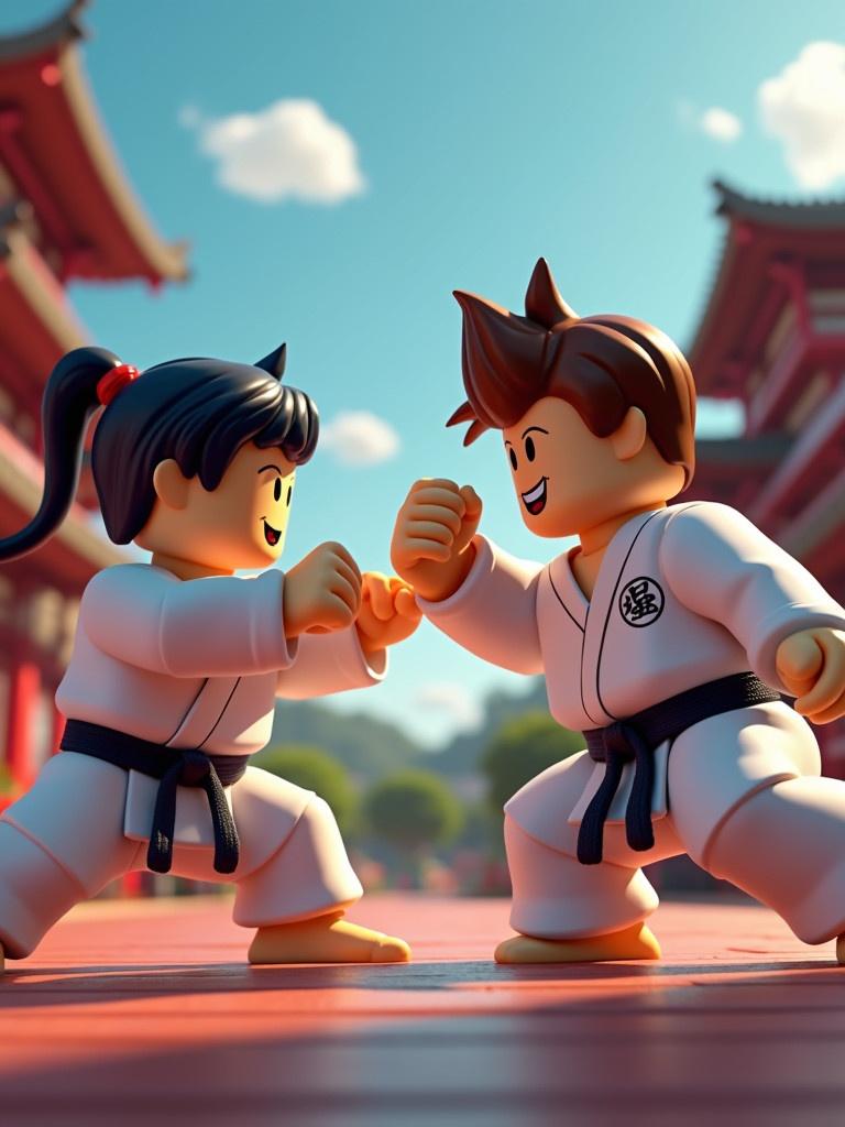 Two Roblox-style characters are engaged in a karate fight in a dojo. Characters wear traditional karate uniforms. One character is shown in a fighting stance with a determined expression. The background features a bright, colorful setting representative of a dojo environment.