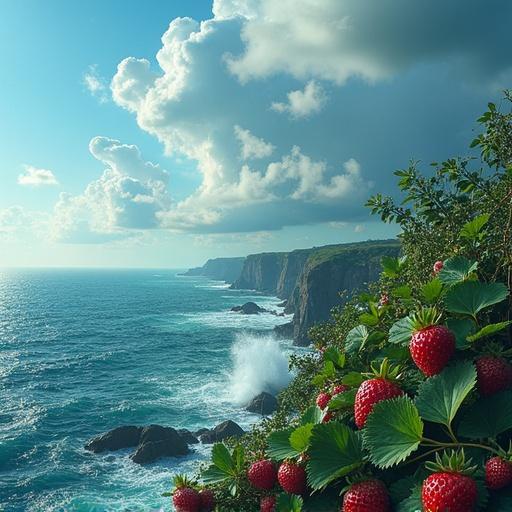Coastal scene with strawberries in the foreground and ocean waves in the background. Lush greenery alongside a rocky cliff with distant waves splashing against rocks. Bright blue sky with fluffy white clouds.