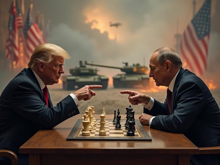 The American president and the Russian president play chess. Tanks and fighting in the background. Leaders pointing at each other aggressively.