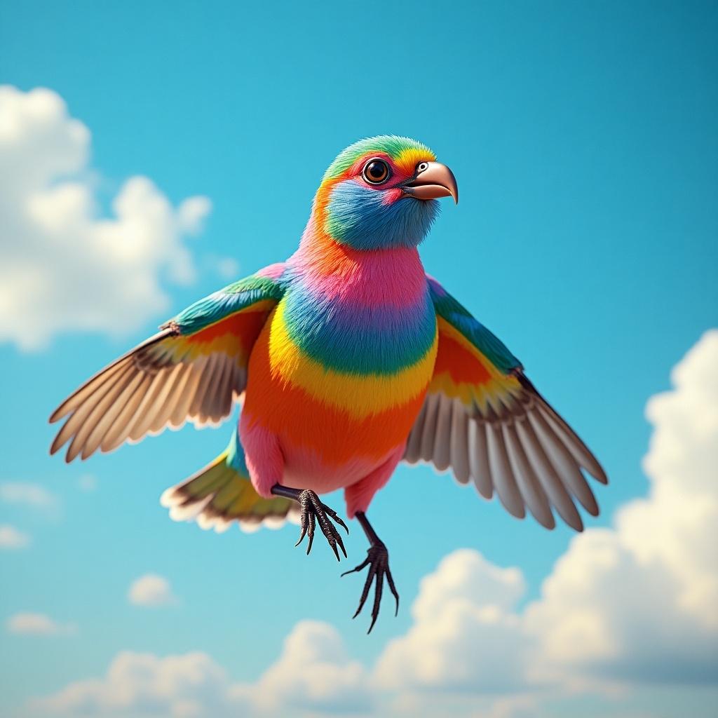 Bird flying in the sky features multicolored feathers and a playful expression