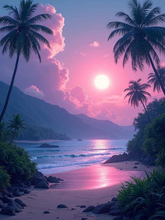 A serene tropical landscape at twilight. Luminous sun surrounded by pink clouds. Calm beach winding through lush greenery. Tranquil ambiance. Vivid lighting emphasizes depth.