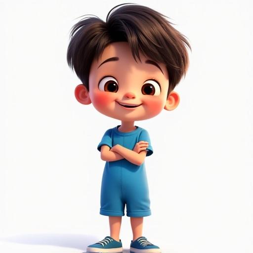 A boy is standing confidently wearing a blue outfit. He poses with arms crossed and a friendly demeanor. His style is inspired by Pixar animation. The image captures an upbeat and charming atmosphere.