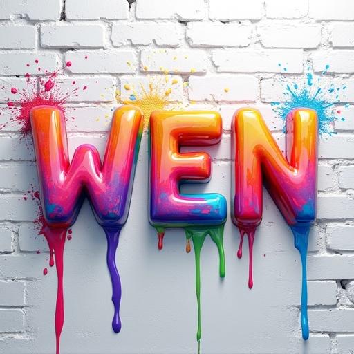 A digital painting of the title 'Wen' in rainbow-colored 3D font. The letters are vibrant and appear to leap off the canvas. A paintbrush drips multicolored paint forming a splash beside the title. The background is a textured white brick wall. Soft lighting highlights the colors and textures.