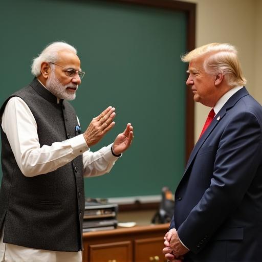Image of Modi with glasses in traditional attire engaging with Trump. Modi appears as a teacher, giving a stern look to Trump, who is in a suit, showing a tense interaction. Classroom environment with green chalkboard visible in the background.