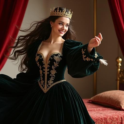Woman inspired by Eleanor of Aquitaine. Medieval queen style with glowing skin and long flowing dark hair. Wearing a luxurious dark velvet gown with intricate embroidery. Elegant gold crown slightly tilted. Dynamic pose with flowing fabric. Warm lighting in medieval royal bedroom setting.