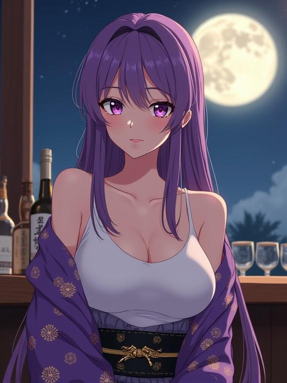 Anime style illustration of a lady at a bar counter. Moonlight shining through a window. Long violet hair and calm expression. She wears a white sleeveless top and purple kimono-style cardigan. Black obi belt with golden patterns. Liquor bottles in the background.
