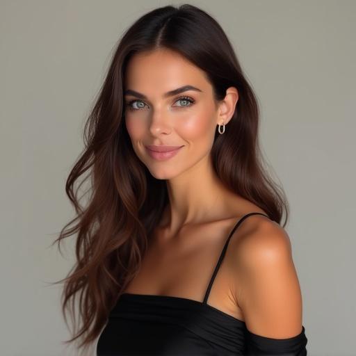 Realistic portrait of a tall woman aged 30-40 with slightly tanned skin and long brunette hair. She wears an elegant black dress. Background is neutral and style resembles modern portrait photography.