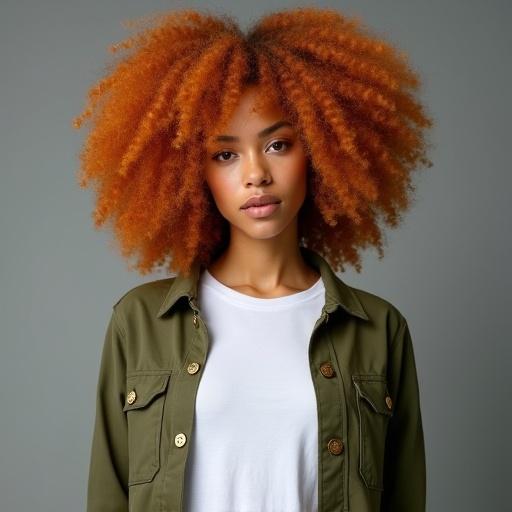 Full-body portrait of a young woman with voluminous fiery orange curly hair styled in a cloud-like afro framing her face. She wears a casual white t-shirt layered under an olive green military-style jacket with gold buttons. Background is a neutral gray gradient. Her expression is calm and confident with subtle makeup.