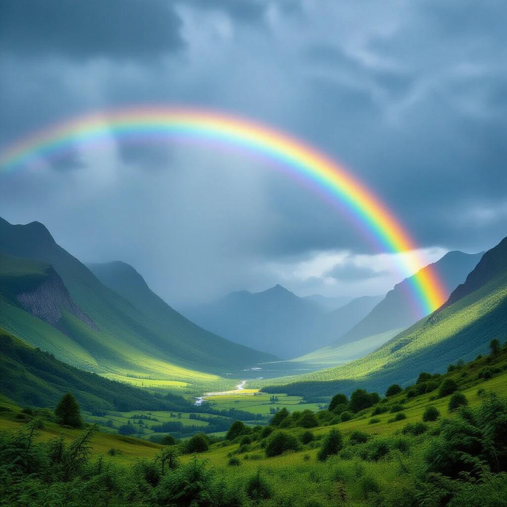Rainbow arches over a lush valley. Storm clouds linger in the background. Scene conveys tranquility after a rainstorm. Landscape featuring vibrant greenery and mountains.