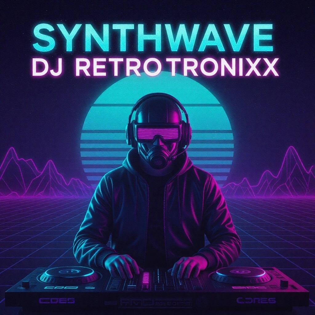 Album cover featuring a DJ wearing a helmet and sunglasses. Neon colors prominently displayed. Retro futuristic background with a grid and circular sunset.