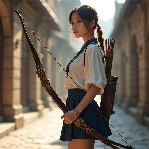 Realistic high school girl archer stands confidently in medieval stone city street. Dressed in Japanese-style school uniform with white blouse and navy mini pleated skirt. Bow made of polished dark wood with gold inlay and sapphires. Quiver on her back. Scene captures contrast of modern and ancient; soft morning light. Calm determined expression showcases European and Japanese heritage. Porcelain skin with rosy undertone. Graceful silhouette emphasized by fitted uniform. Photorealistic textures and cinematic lighting highlight details.