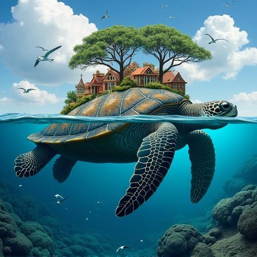 A massive sea turtle swims with a village made of palm trees on its back. The scene includes sailfish and seagulls flying above. The image is vibrant with dark colors.