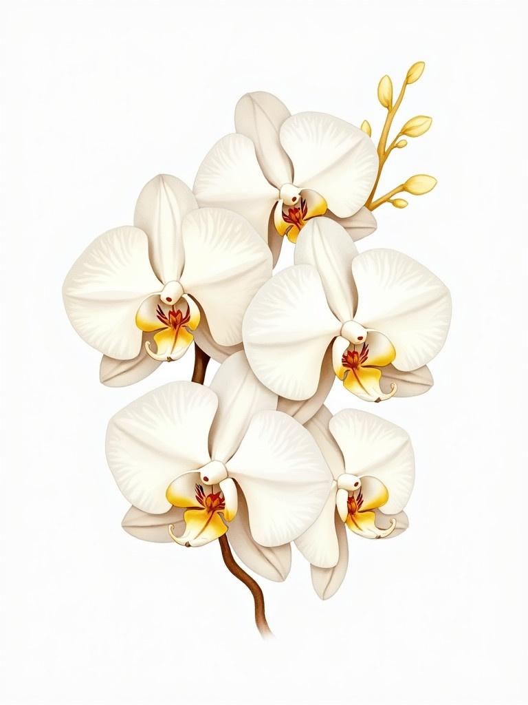 Watercolor illustration of multiple white orchids. The orchids have yellow centers and are accompanied by small golden leaves.