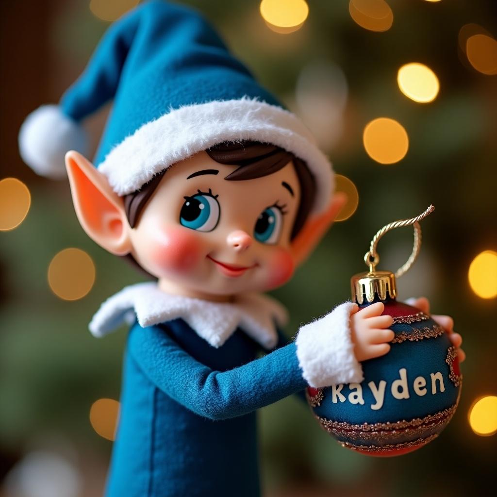 A cheerful Christmas Elf is dressed in a bright blue outfit, complete with a cozy white trim on the hat. The elf has large, expressive eyes and a warm smile that radiates joy. In its hands, the elf is holding a beautifully decorated bauble with the name 'Kayden' written in stylish lettering. The background is filled with soft golden bokeh lights, evoking a magical holiday atmosphere. This image captures the essence of festive cheer and the joy of personalized gifts during the Christmas season.